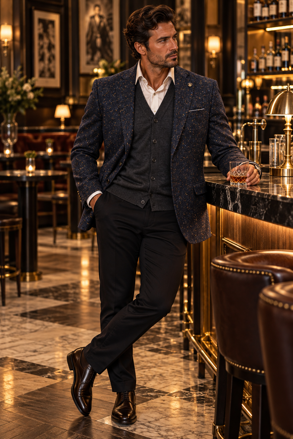 A man in a dark tweed blazer, dark vest, white shirt, and black trousers leans against a bar counter in a luxurious, dimly lit bar with marble floors and leather stools.