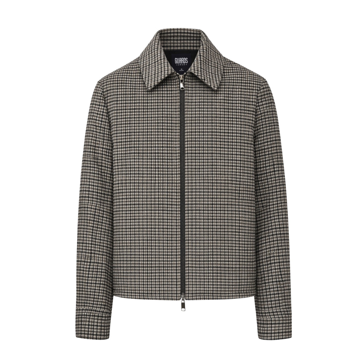Edward Wool Check Harrington in Grey, front flat lay showing the zip front