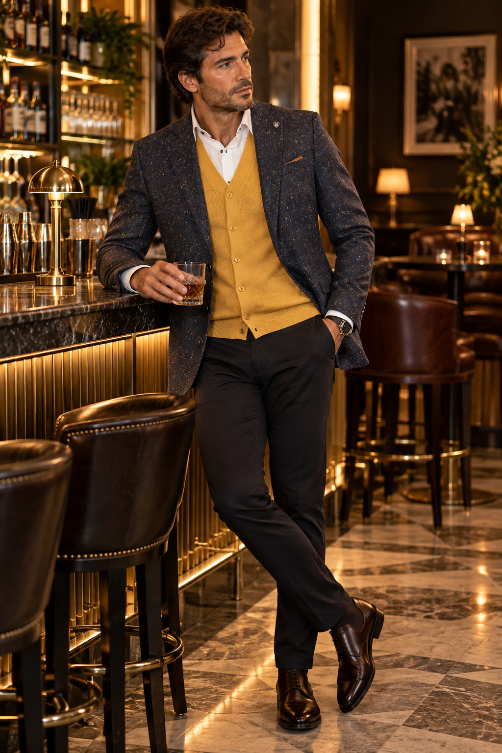 A man in a stylishly dressed outfit stands in a bar setting. He is wearing a textured navy blue blazer, a mustard yellow knit sweater vest, a white collared shirt, black trousers, and dark brown leather dress shoes, while holding a glass of whiskey.