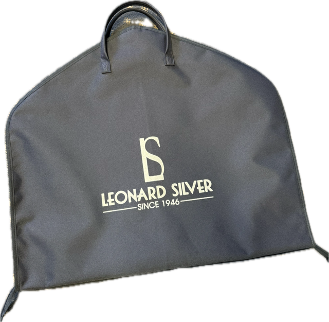 Navy Leonard Silver suit bag and carrier folded with handles, printed LS logo and Since 1946