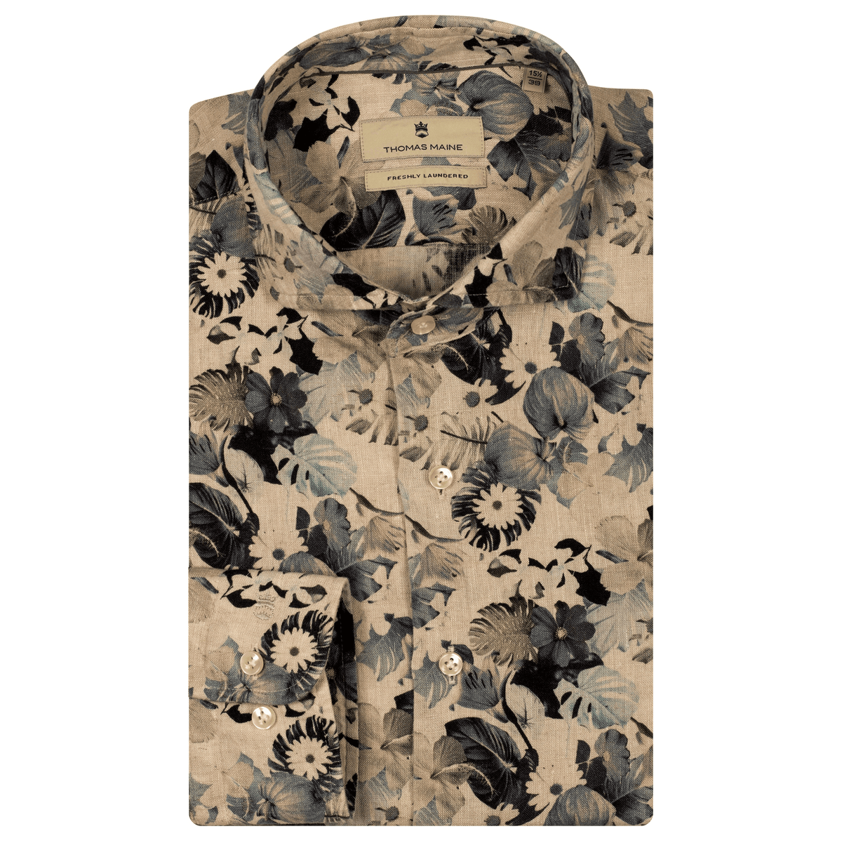 Blue Floral Long Sleeved Linen Shirt - Thomas Maine