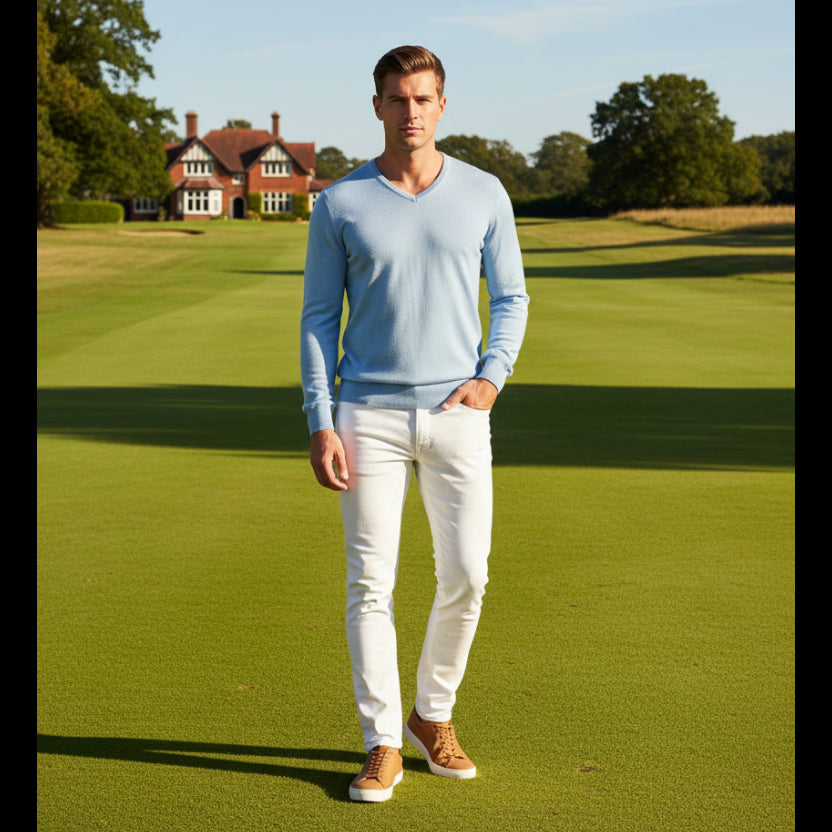 Merino Sky V Neck Pullover - Thomas Maine Knitwear