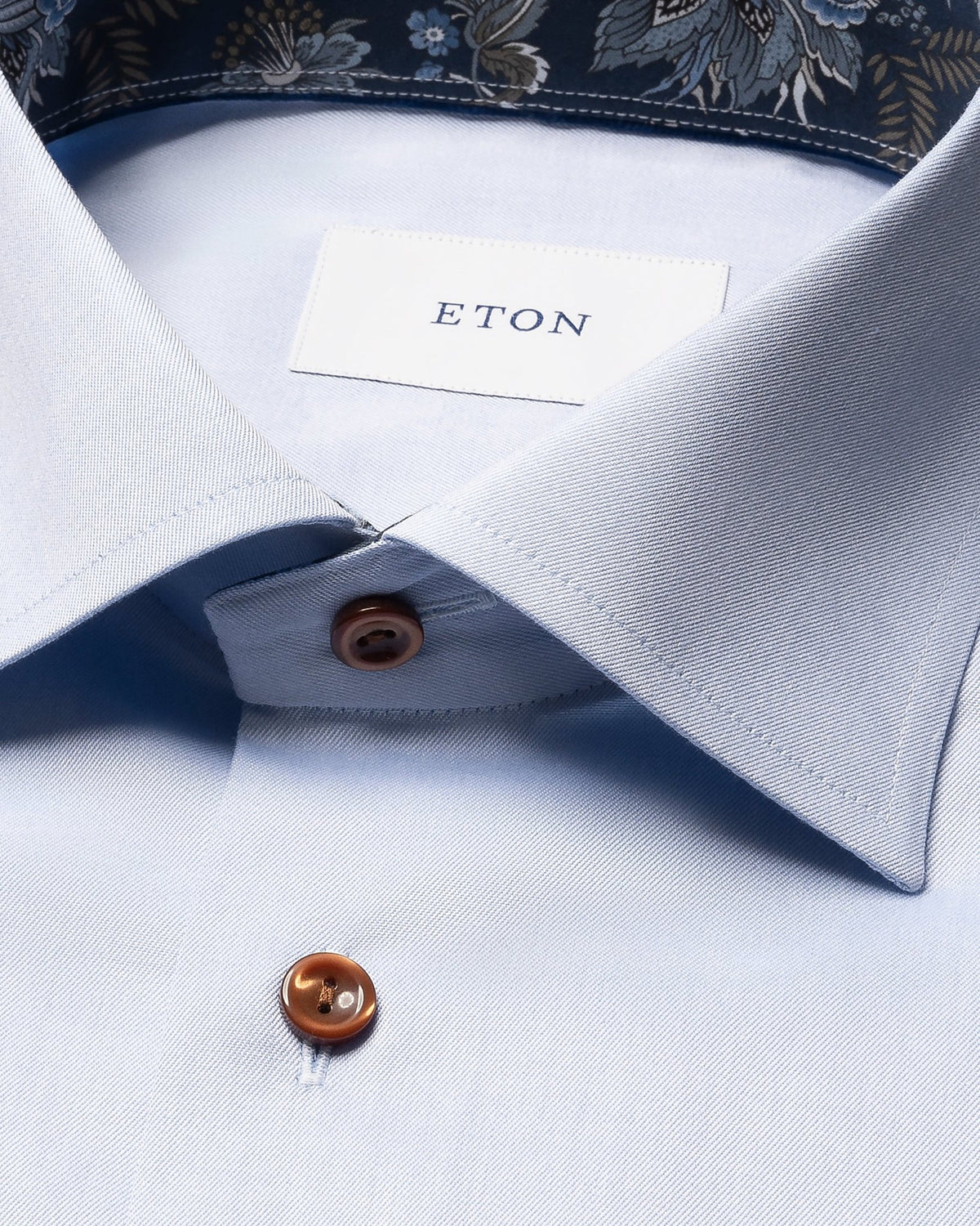 Sky Blue Floral Effect Signature Twill Shirt (Beige Buttons) - Eton Shirts Shirts