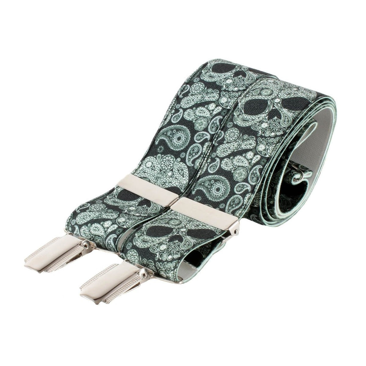 Black Paisley Skull Clip Braces - Leonard Silver Braces