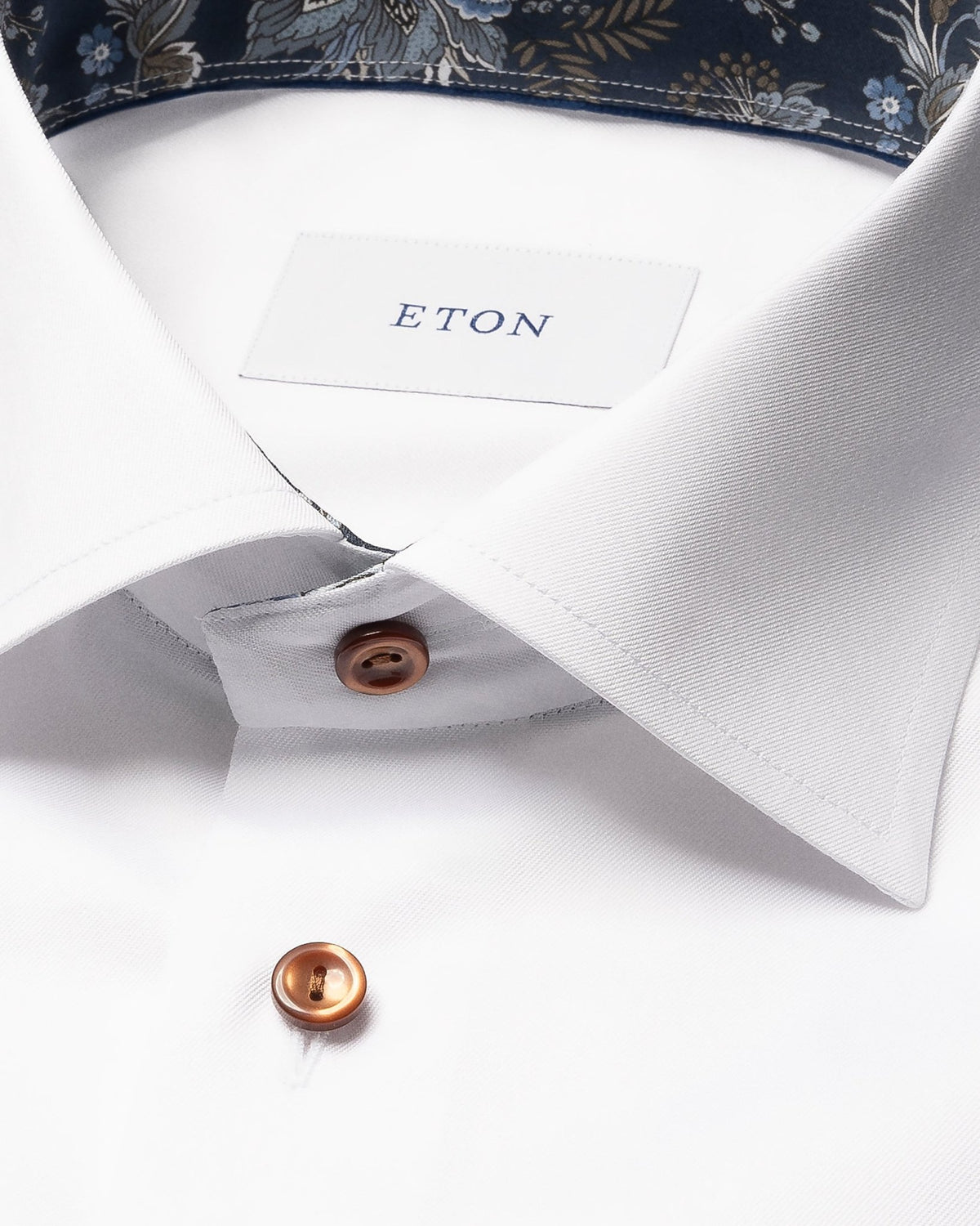 White Floral Effect Signature Twill Shirt (Beige Buttons) - Eton Shirts Shirts