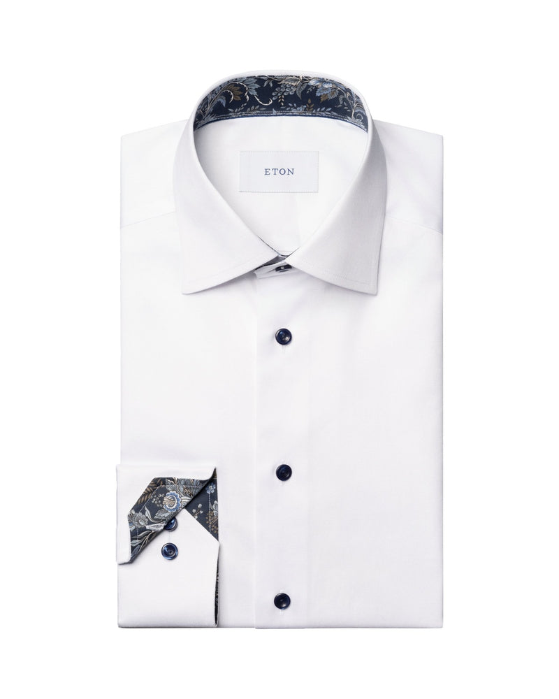 White Floral Effect Signature Twill Shirt (Navy Buttons) - Eton Shirts Shirts