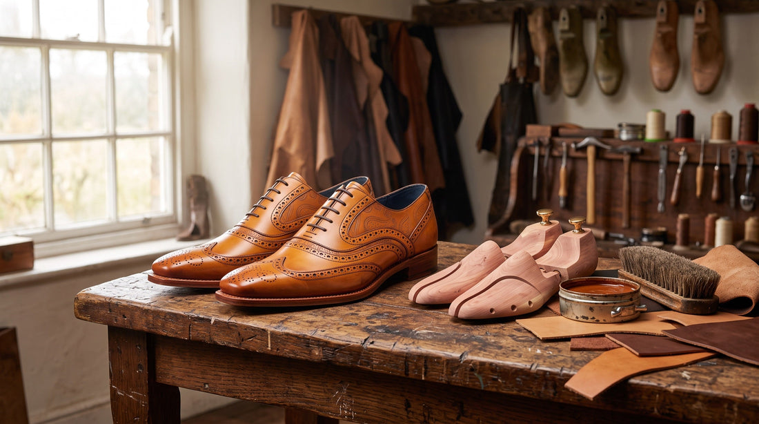 Tan Barker brogues with cedar shoe trees and wax polish on a shoemaker's bench