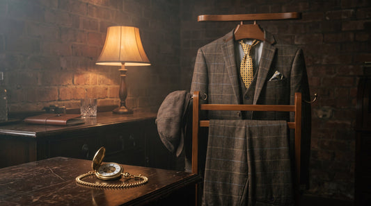 Brown check tweed three-piece suit on a valet stand with a herringbone flat cap and gold pocket watch