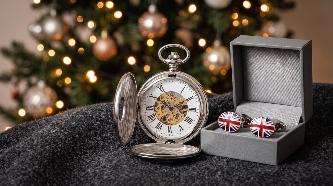 Silver hunter pocket watch and Union Jack enamel cufflinks in a gift box by a Christmas tree