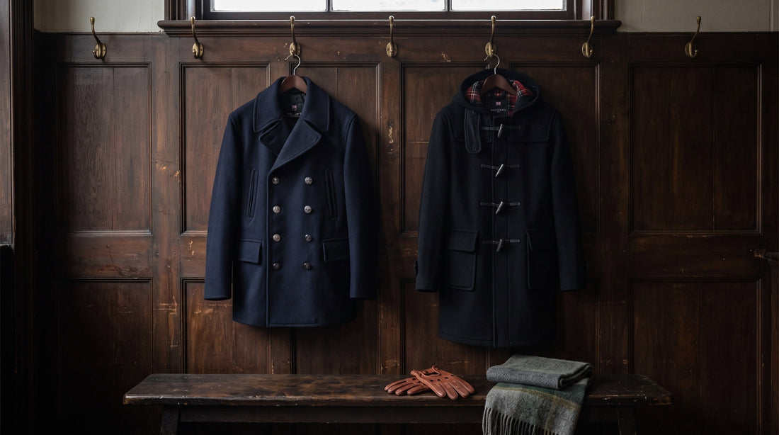 Navy reefer jacket and black duffle coat on brass hooks against a dark panelled wall