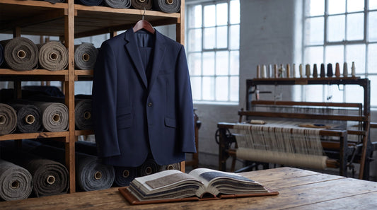 Navy wool suit hanging in front of bolts of cloth in a Yorkshire mill