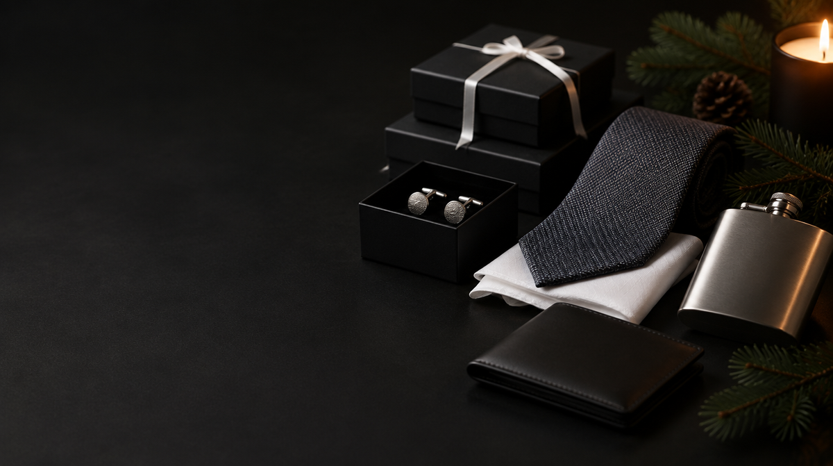 Christmas gifts for him: cufflinks, silk tie, pocket square, wallet and hip flask