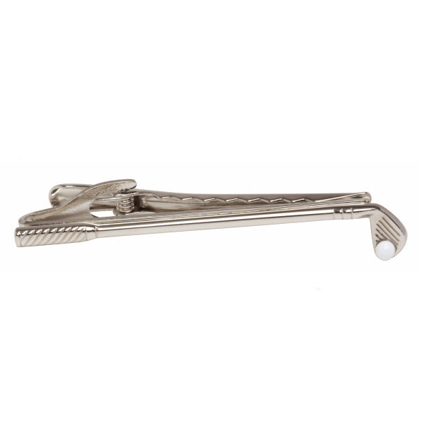 Golf Club And Ball Rhodium Plated Tie Clip - Leonard Silver - side view showing club head and clip