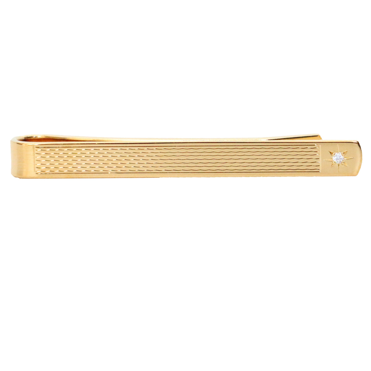 Barley Pattern Gold Plated Tie Slide With Cubic Zirconia - Leonard Silver - angled detail of star set stone