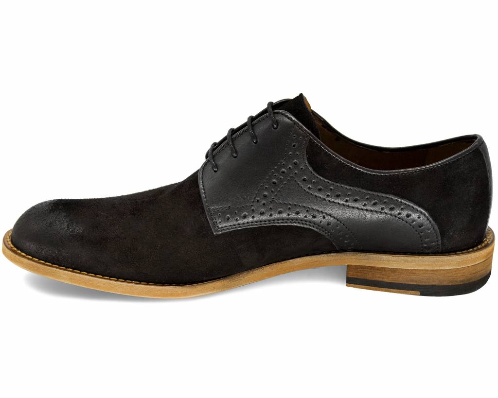 Black suede derby shoe, inside profile showing the brogue punching and stacked heel