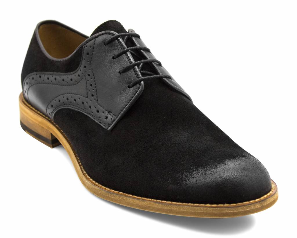 Black suede derby shoe, front three-quarter view of the round toe and five-eyelet lacing