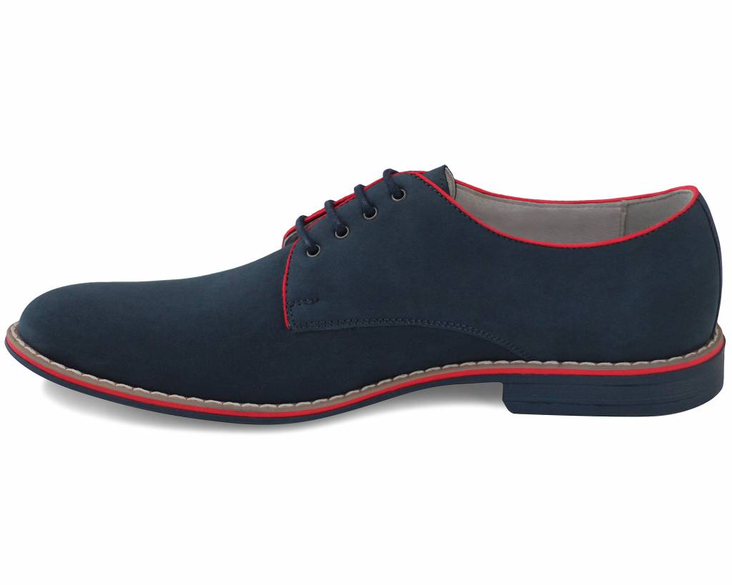 Inside profile of the navy suede derby shoe with contrast stitching around the sole edge