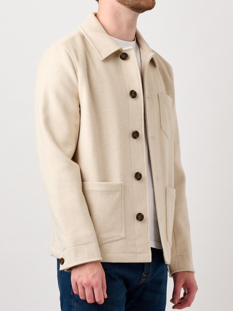 Westgate Wool Overshirt in Ecru worn open on a model, front view