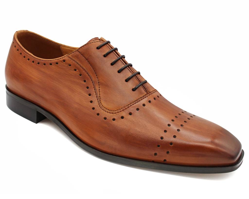 Brown leather oxford shoe, front three-quarter view of the squared toe and closed lacing