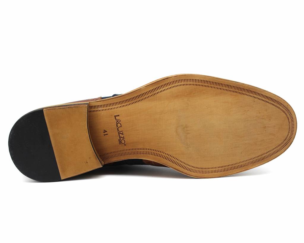 Tan sole of the brown and navy brogue with Lacuzzo branding and black heel tip