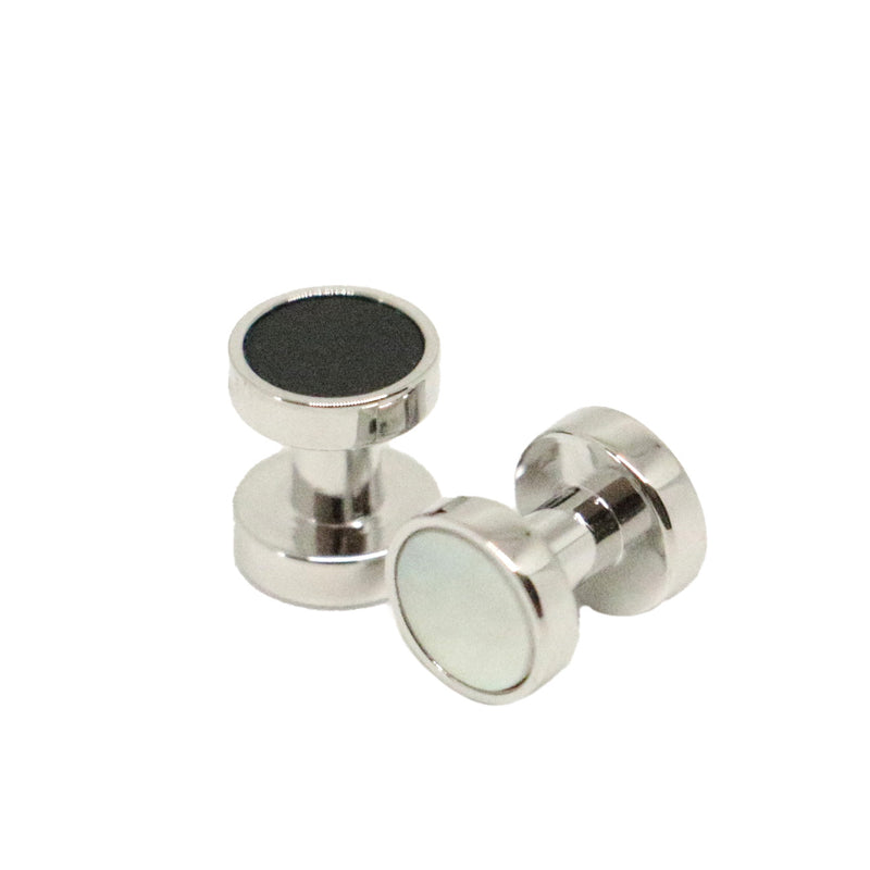 Mother of Pearl & Onyx Reversible Rhodium Dress Studs - Leonard Silver - detail of both faces and post backs