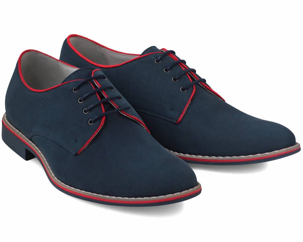 Pair of navy Lacuzzo derby shoes from the front three-quarter, red trim around the collar
