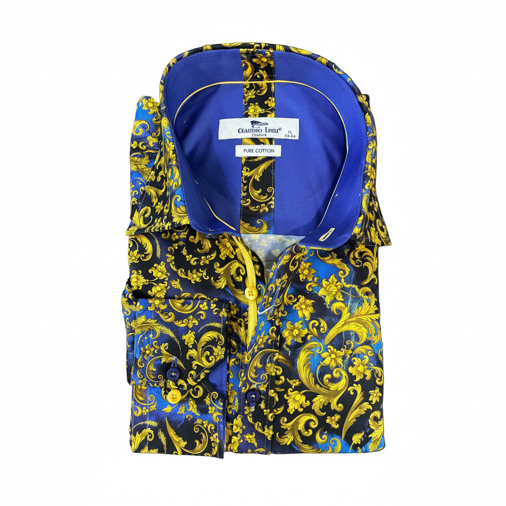 Floral Gold on Blue Shirt
