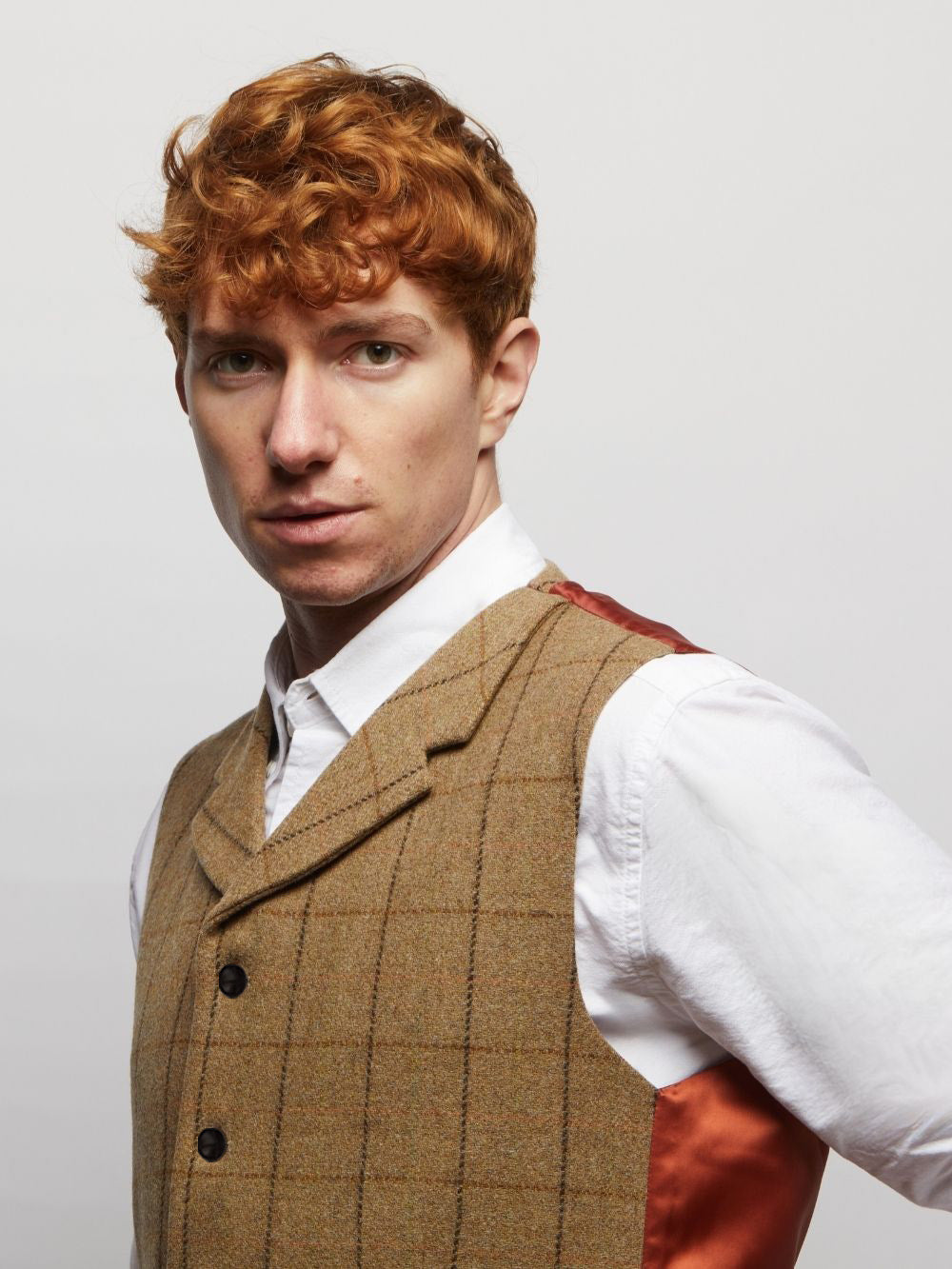 Close-up of the lapel on the Sherwood waistcoat in Tan Windowpane