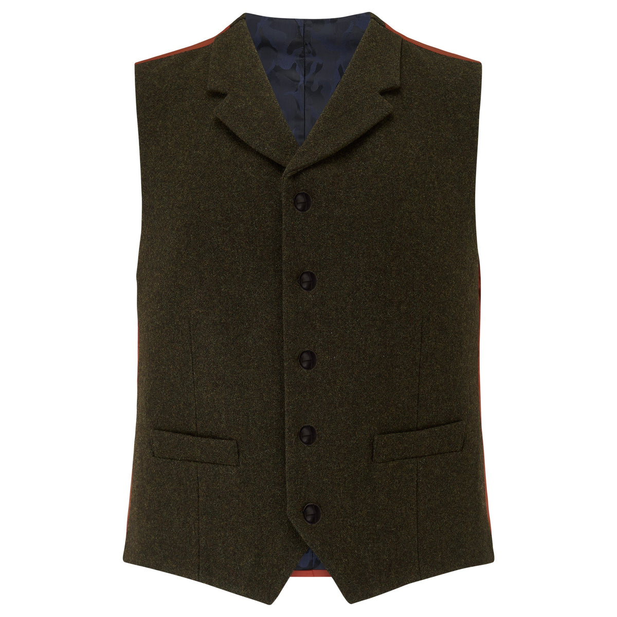 Sherwood wool waistcoat in Dark Green Herringbone, front flat view