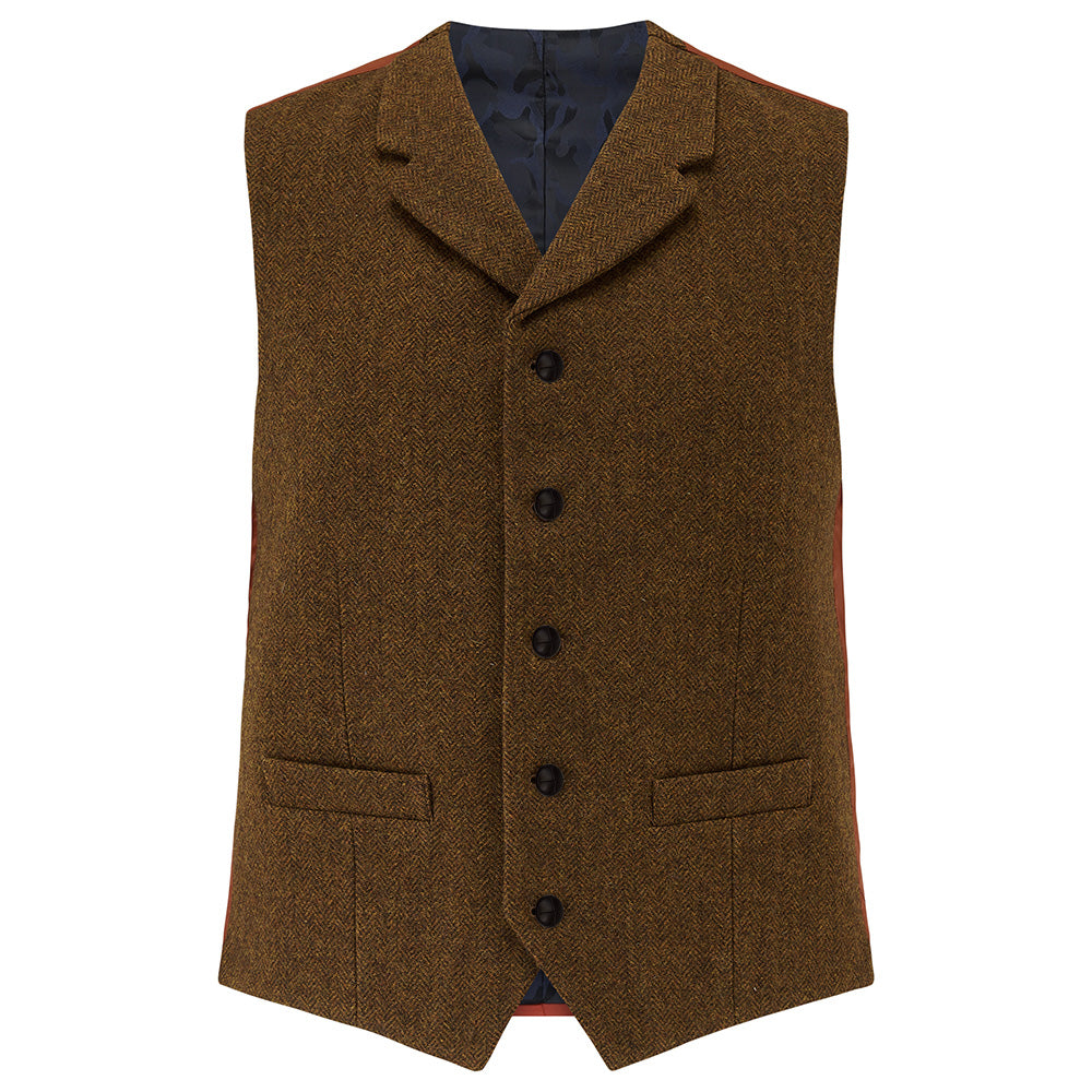 Sherwood wool waistcoat in Brown Herringbone, front flat view with leather buttons