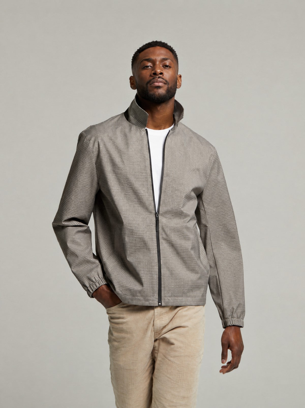 Guards London Martelloz zip coach jacket in Check, worn zipped on a model, front view