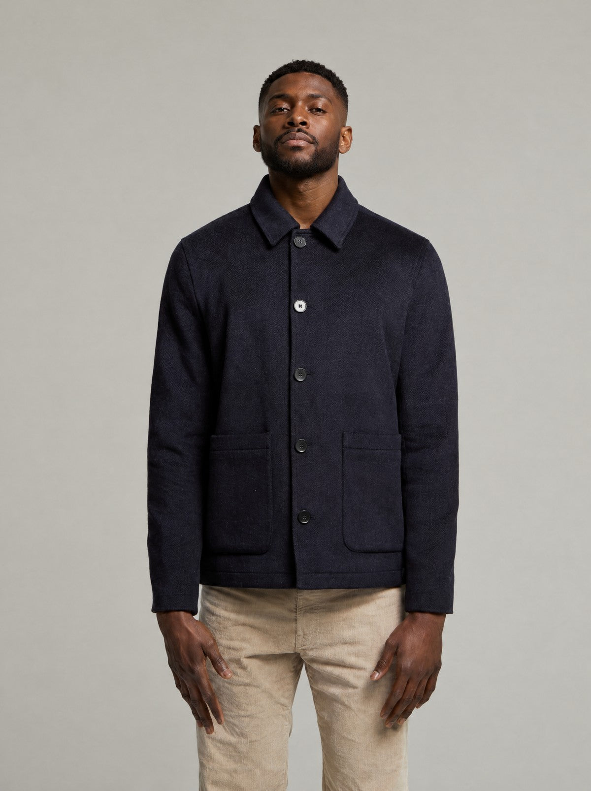 Kendrew Wool Shacket in Navy worn buttoned, front view on a model