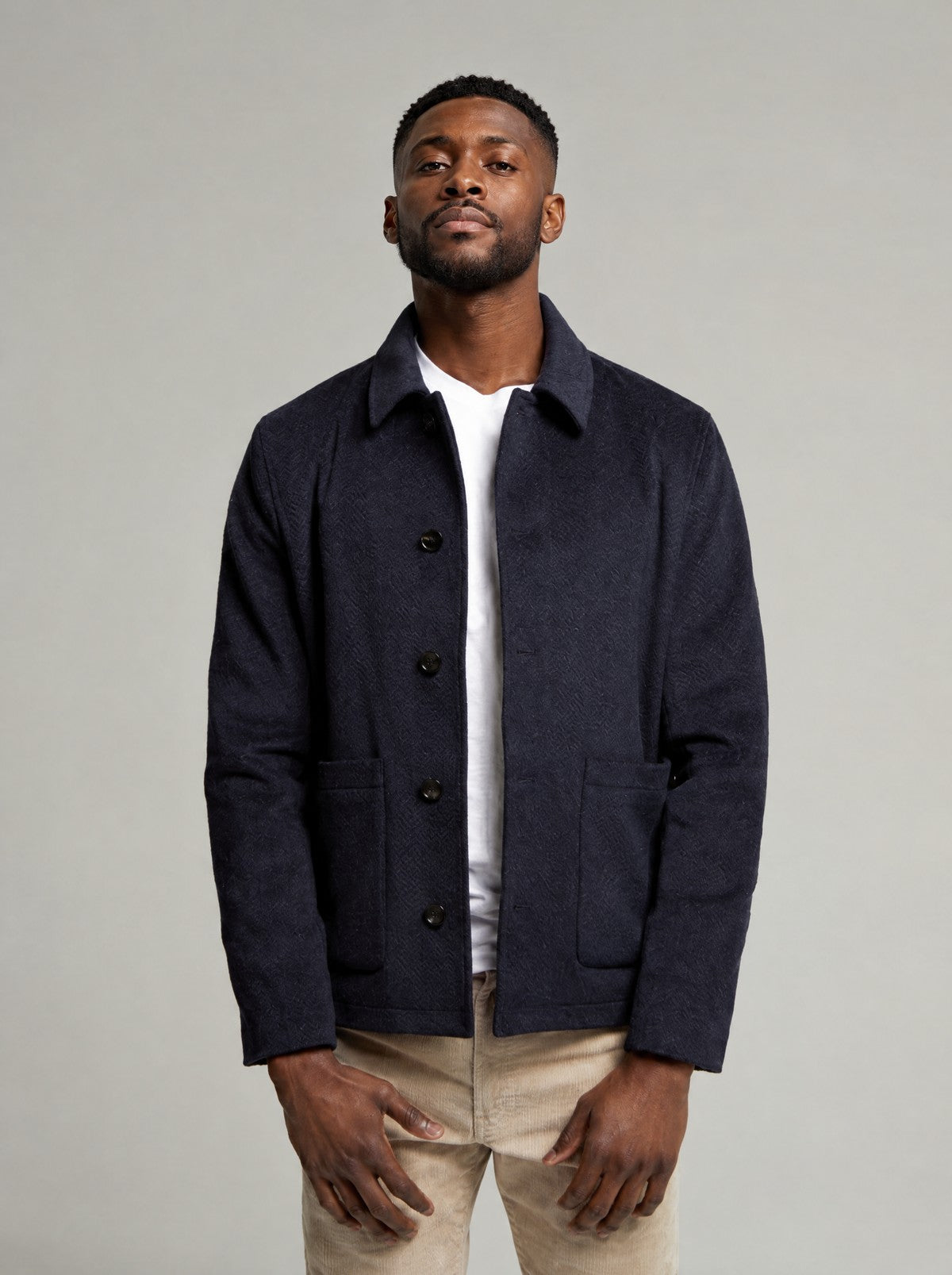 Guards London Kendrew Wool Shacket in Navy worn open over a white T-shirt, front view