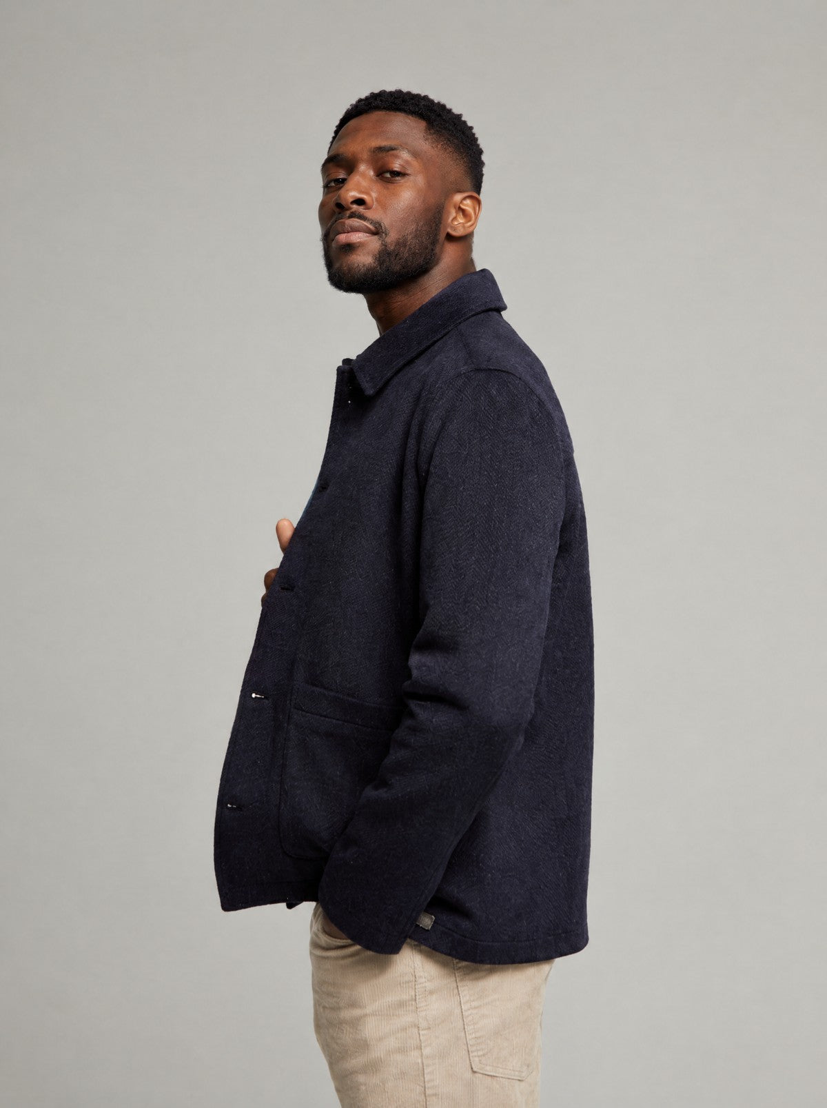 Kendrew Wool Shacket in Navy, side view on a model