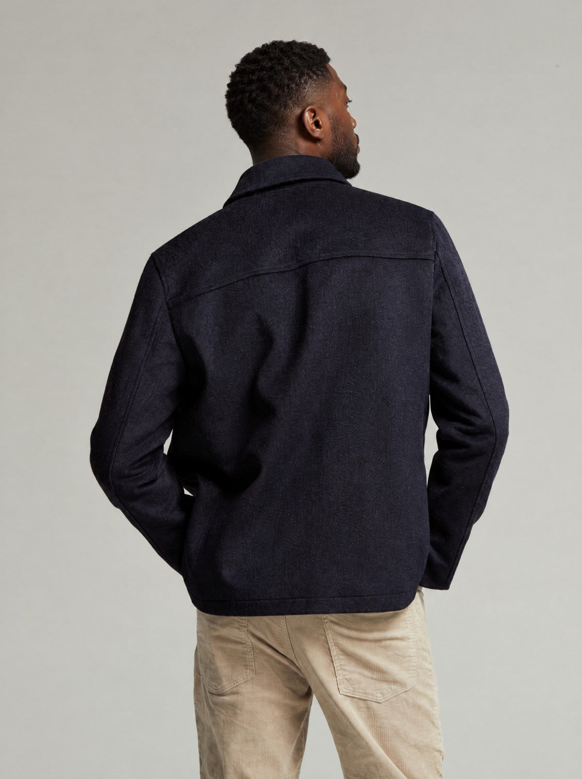 Kendrew Wool Shacket in Navy, back view on a model