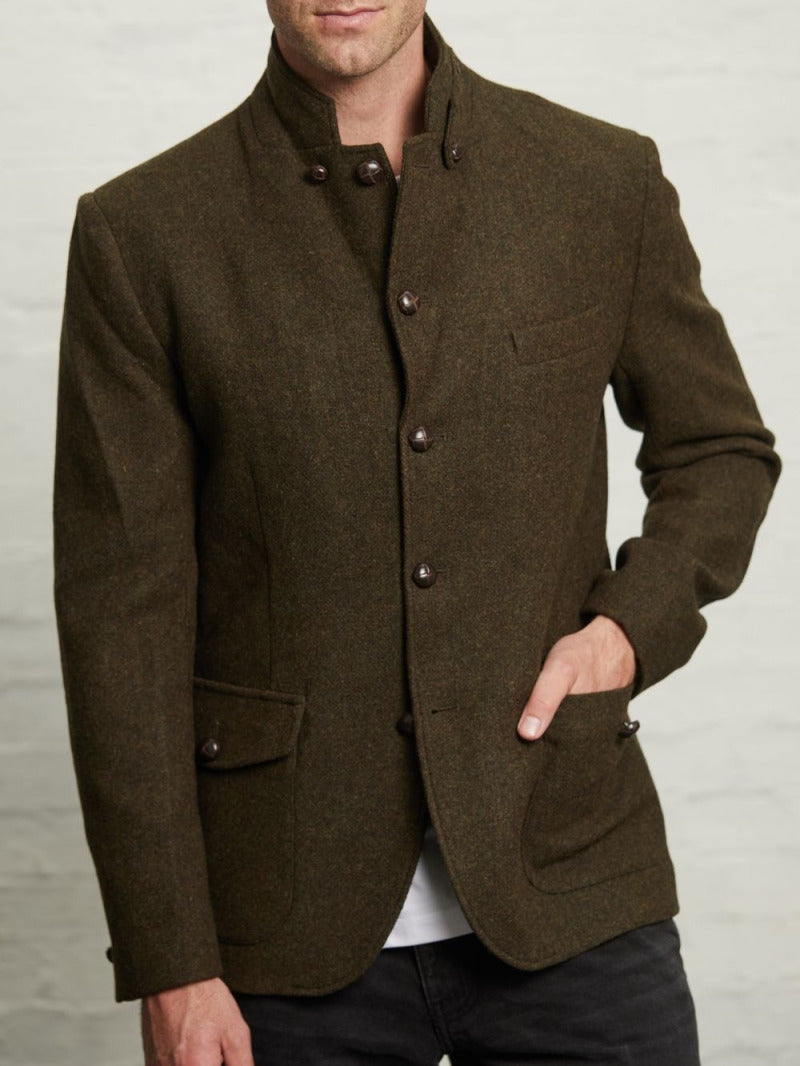 Allenby tweed blazer in Green buttoned up on a model with the collar tab fastened