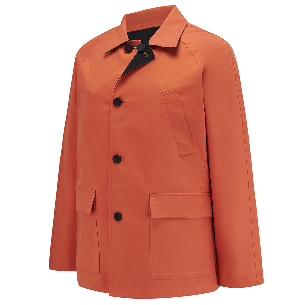 Fusilier Reversible Jacket in Orange/Black, orange face, flat front view with buttons and flap pockets