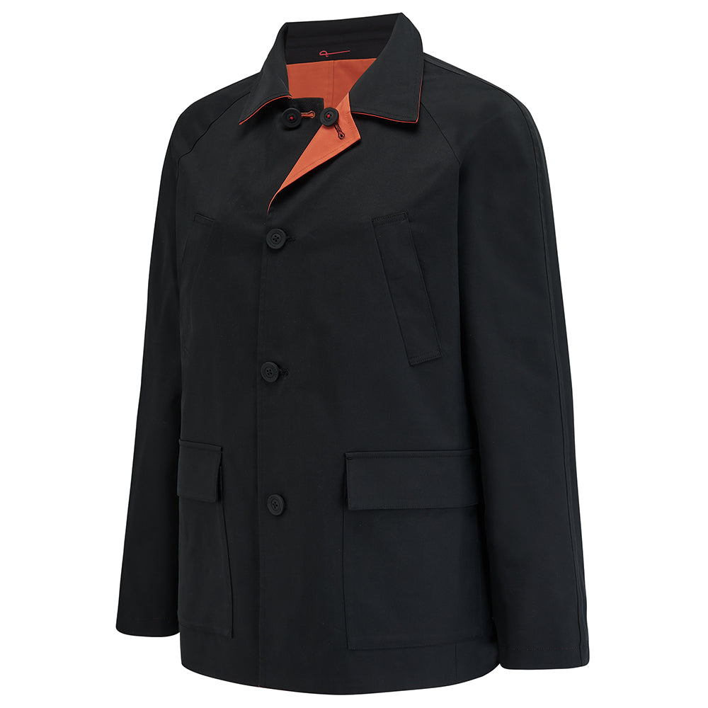 Fusilier Reversible Jacket in Orange/Black, black face, flat front view with orange collar edge