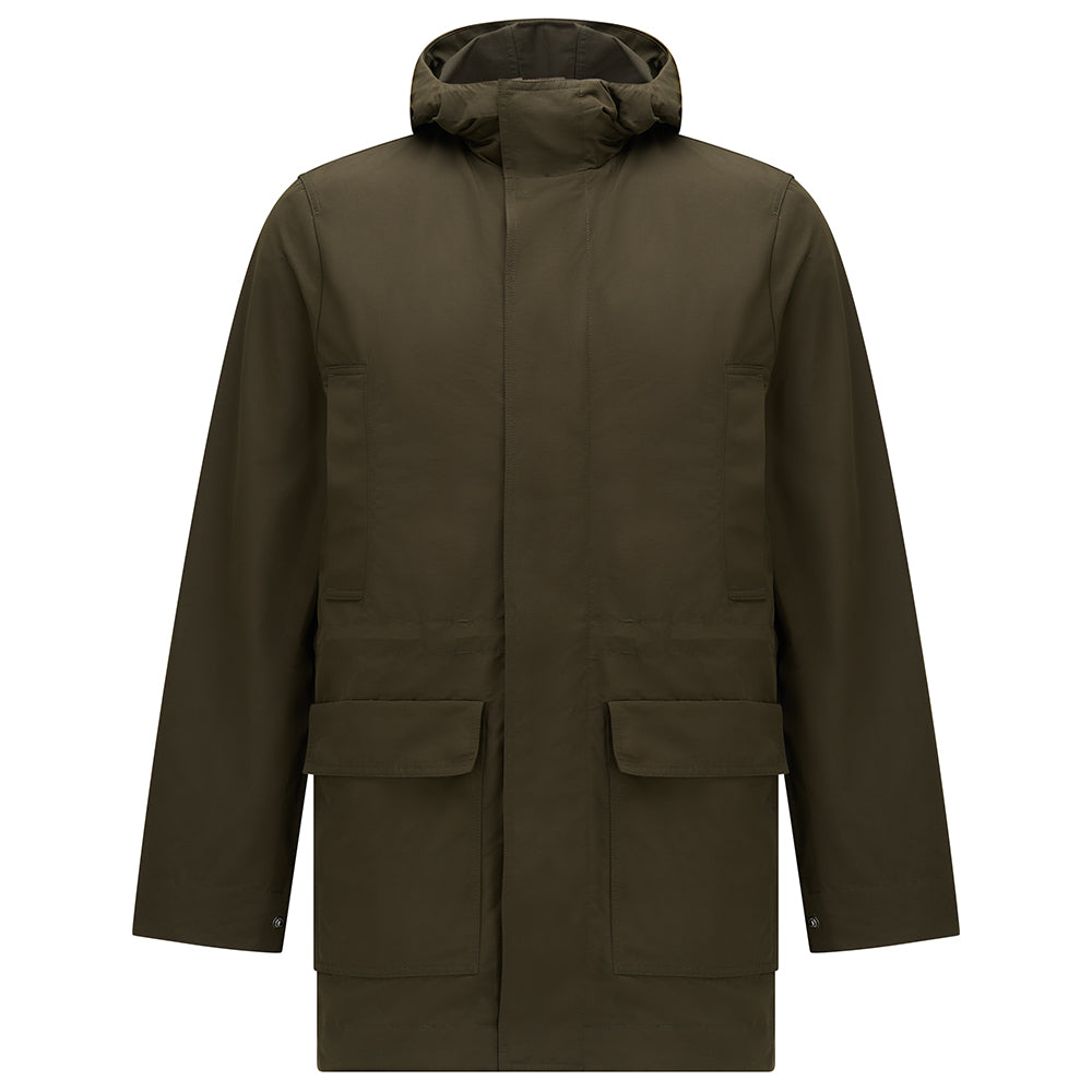 Blake showerproof parka in Khaki, front flat lay with hood and patch pockets