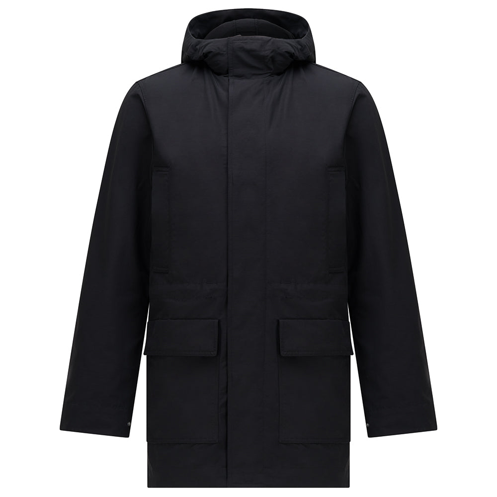 Blake Lightweight Showerproof Parka in Black, front flat lay with hood