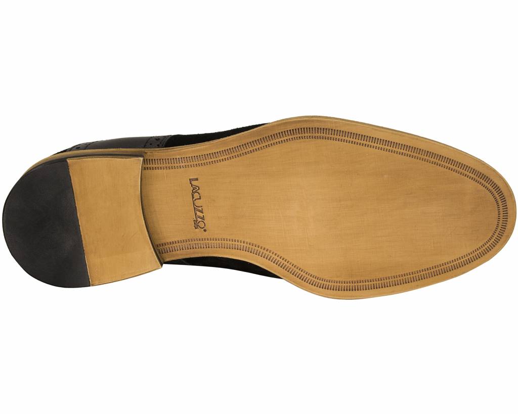 Tan underside of the black suede derby shoe with Lacuzzo stamp and black heel tip
