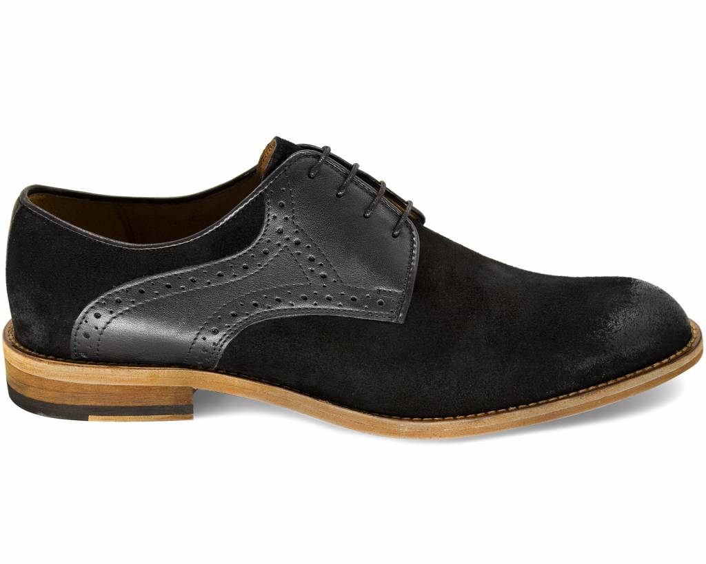Lacuzzo Suede Derby Shoe in black, side profile with brogued leather quarters and tan sole edge