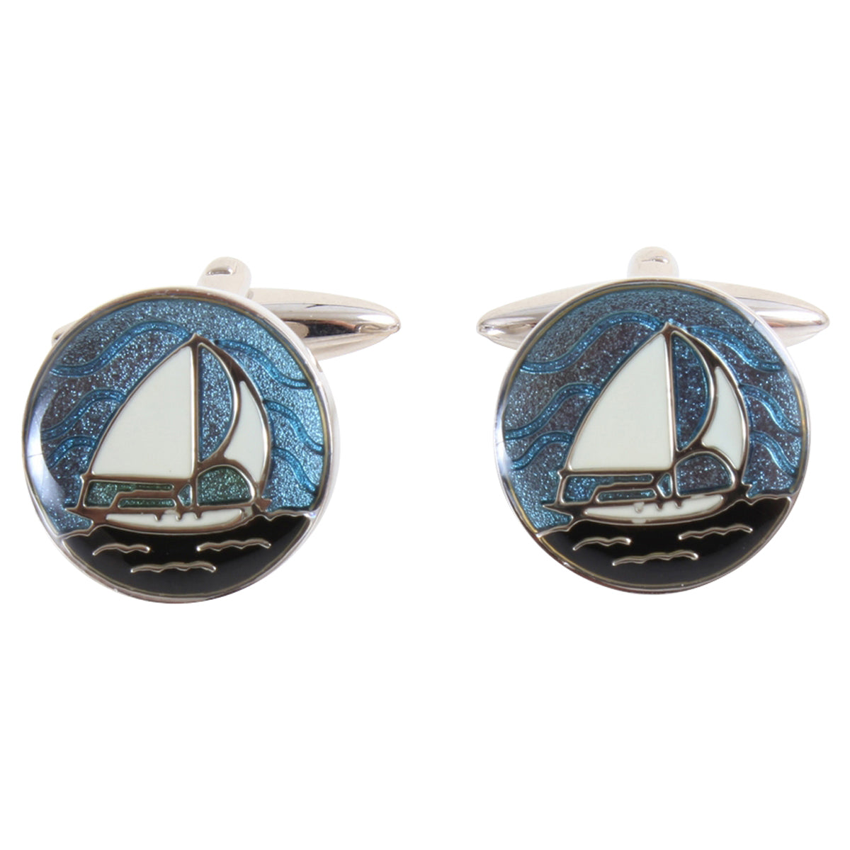 Blue Enamel Yacht Scene Round Cufflinks - Leonard Silver - front view of pair