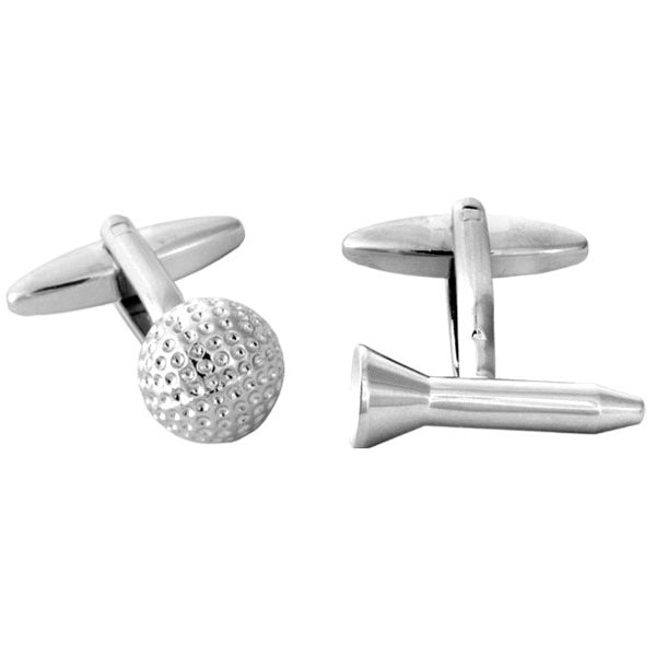 Golf Ball & Tee Rhodium Plated Cufflinks - Leonard Silver - front and side view of the pair