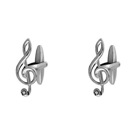 Treble Clef Crystal Rhodium Plated Cufflinks - Leonard Silver - pair shown front and side