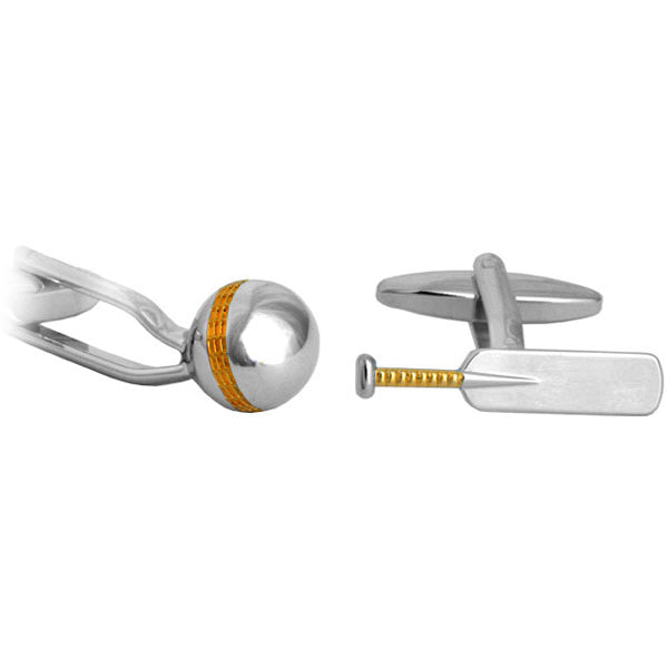 Cricket Bat and Ball Gold and Rhodium Plated Cufflinks - Leonard Silver - pair shown front and side