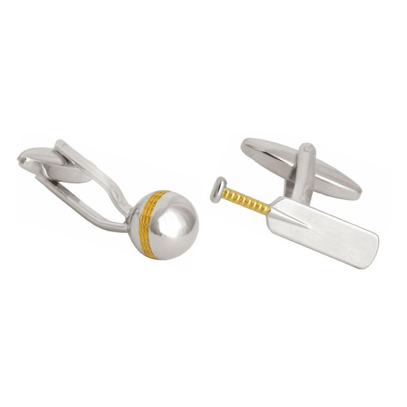 Cricket Bat and Ball Gold and Rhodium Plated Cufflinks - Leonard Silver - detail of ball seam and bat handle