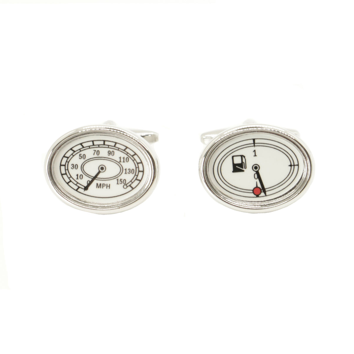 Speedometer And Fuel Gauge Cufflinks - Leonard Silver - front view of both dials