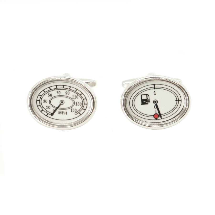 Speedometer And Fuel Gauge Cufflinks - Leonard Silver - front view of both dials