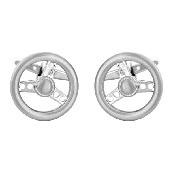 Steering Wheel Rhodium Plated Cufflinks - Leonard Silver - front view of pair